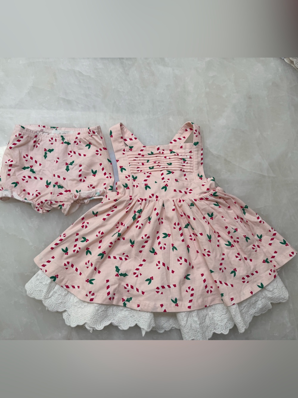 SweetHoney Pink Candy Cane Print Dress & Bloomers Set Christmas